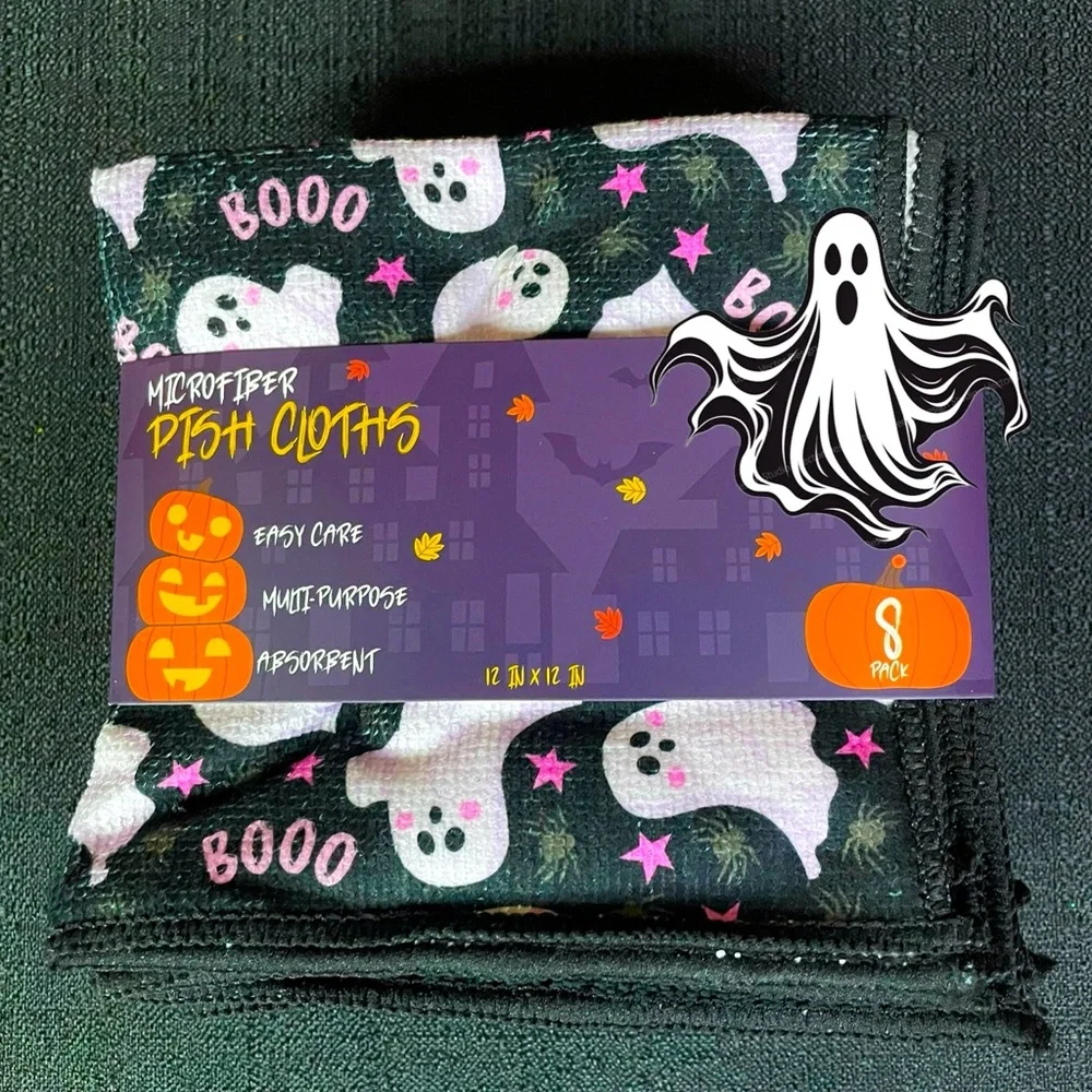8x Halloween Ghosts Microfiber Kitchen Dish Towel Set Black White Spiders NWT